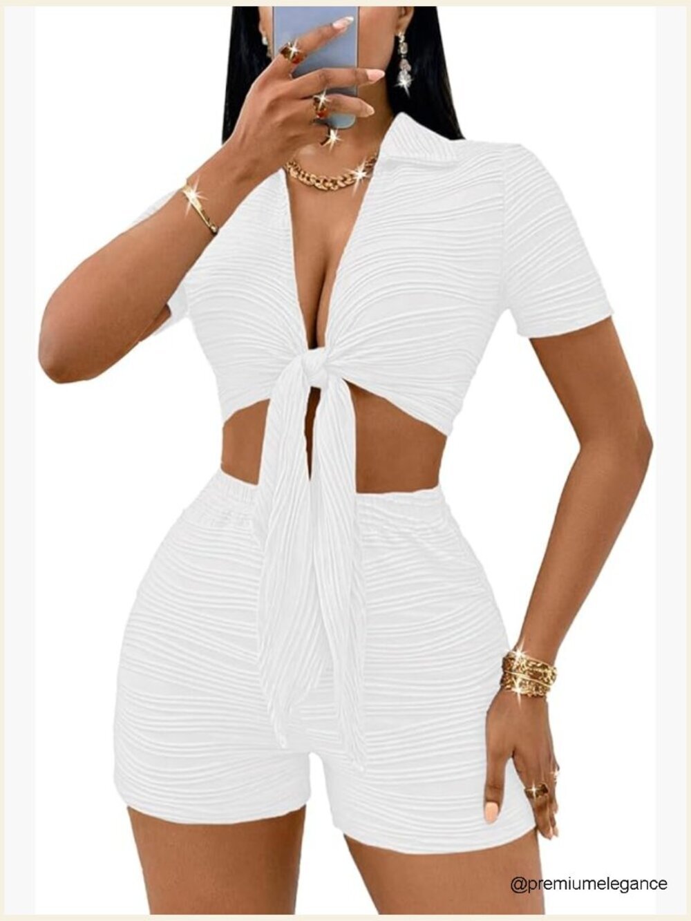 Women's 2 Piece Set Crop Top and Shorts Bodycon Tie Front Summer Outfit